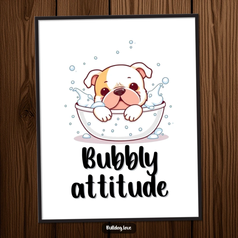 Funny digital art print, bulldog splashing playfully in a bubbly bath, high-resolution, perfect for framing.