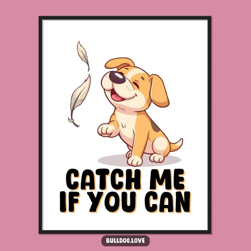 Funny Broad Snout Dog Digital Art: Feather Catching, Instant Whimsical Decor