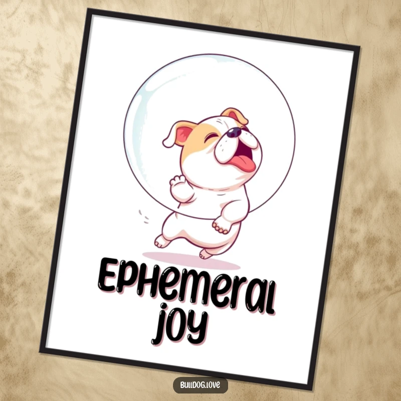 Funny digital art print of a bulldog enthusiastically and playfully chasing a giant, shimmering bubble with pure delight.