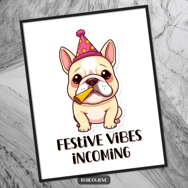 Funny bulldog wearing a party hat, blowing a party horn, as a digital art print, bringing instant humor and celebration to any room.