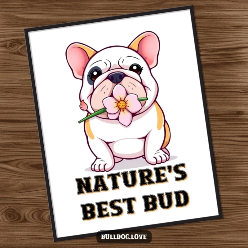 Funny Bulldog Digital Art: A proud bulldog holding a flower in its mouth, radiating sweetness and charm.