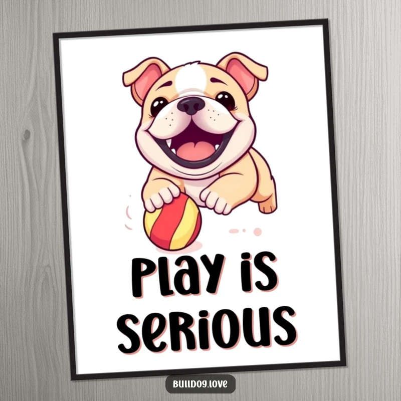 Funny bulldog pup digital art print of a dog's massive grin while having a blast playing with a bouncy ball.