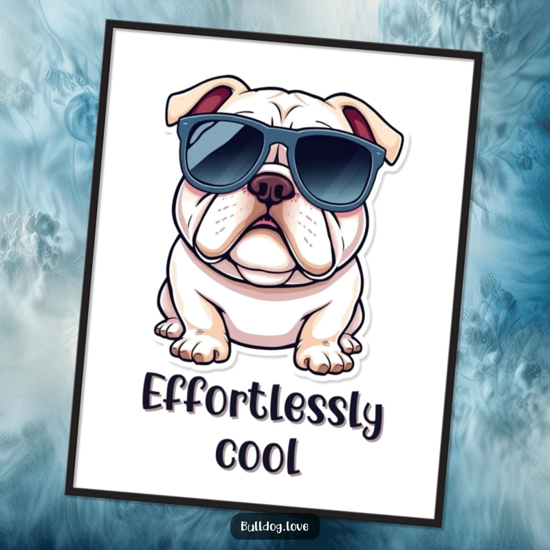 Funny bulldog digital art print of a dog wearing oversized sunglasses, looking super cool and laid-back.
