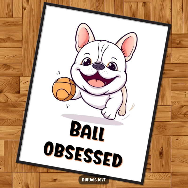 Funny kawaii bulldog digital art print of a smiling dog joyfully chasing a bouncing ball, perfect for instant home decor.