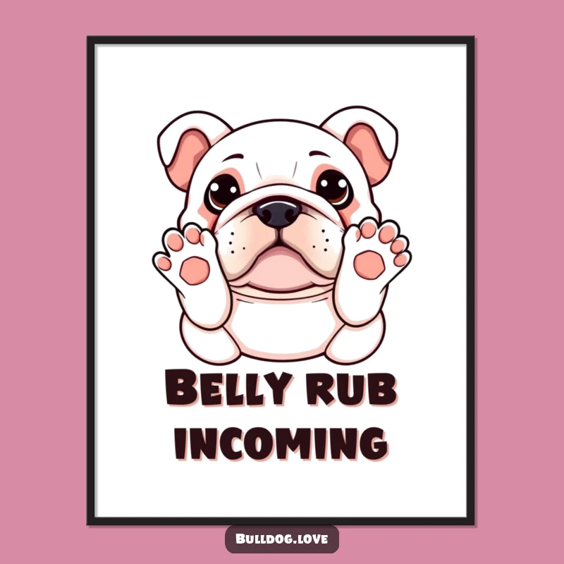 Funny Kawaii Bulldog Digital Art Print - Paws Up Belly Rub, Instant Hilarious Gift