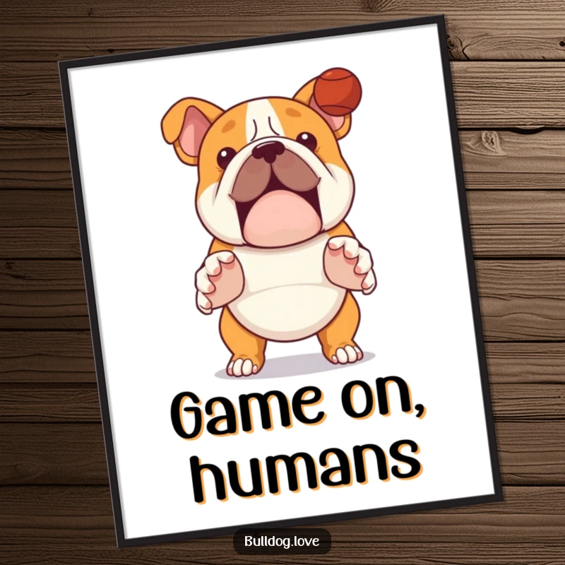 Funny bulldog digital art print, printable decor, showing a dog with paws outstretched, ready to catch a ball.