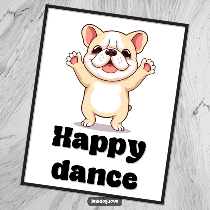 Funny digital art print of a bulldog in a blissful dance, paws raised high in the air, exuding pure happiness.