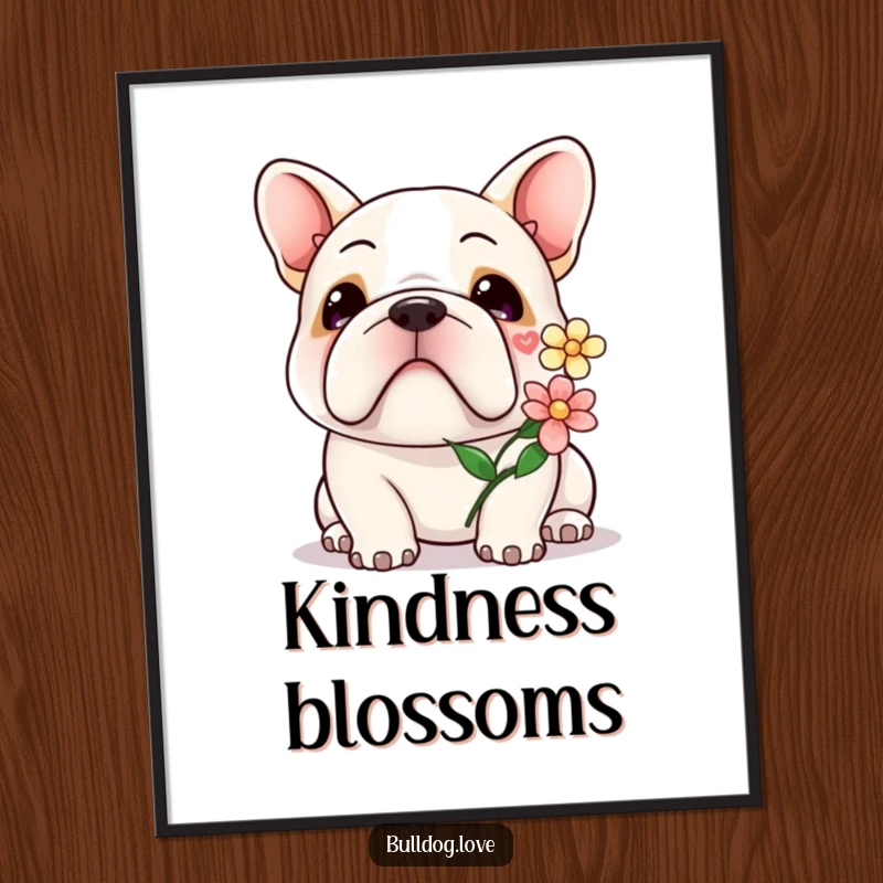 Kawaii bulldog flower digital art print of a cute dog with a gentle smile, offering a flower.