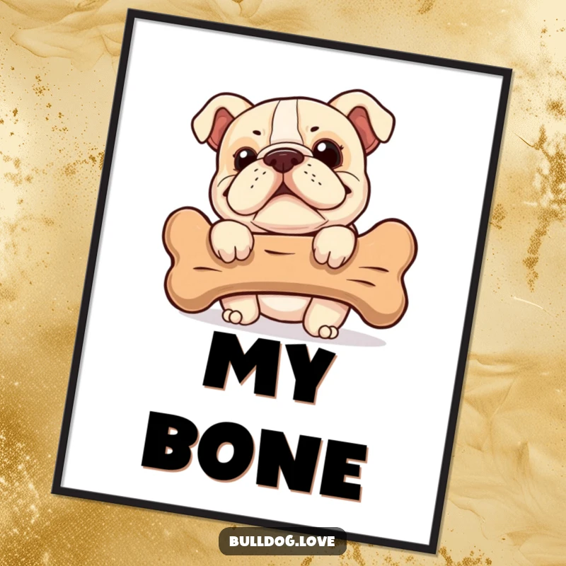 Funny Bulldog Digital Art: A cheeky bulldog with a triumphant grin peeks from behind a large bone, pure joy.
