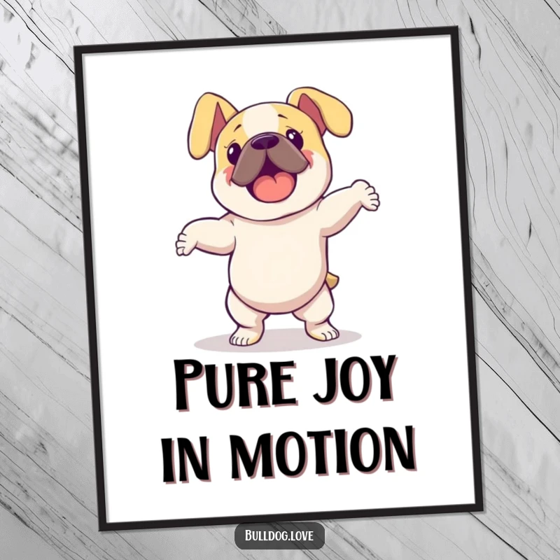 Funny bulldog with floppy ears dancing energetically, as a digital art print, bringing vibrant joy and playful movement to any room.