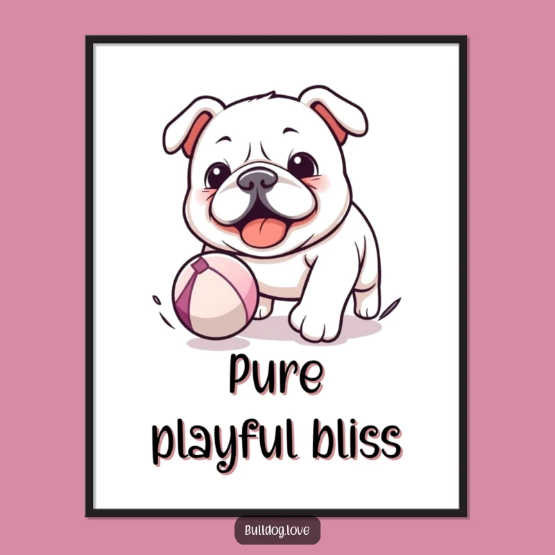 Funny Kawaii Bulldog Digital Art Print - Chasing Ball, Instant Hilarious Gift