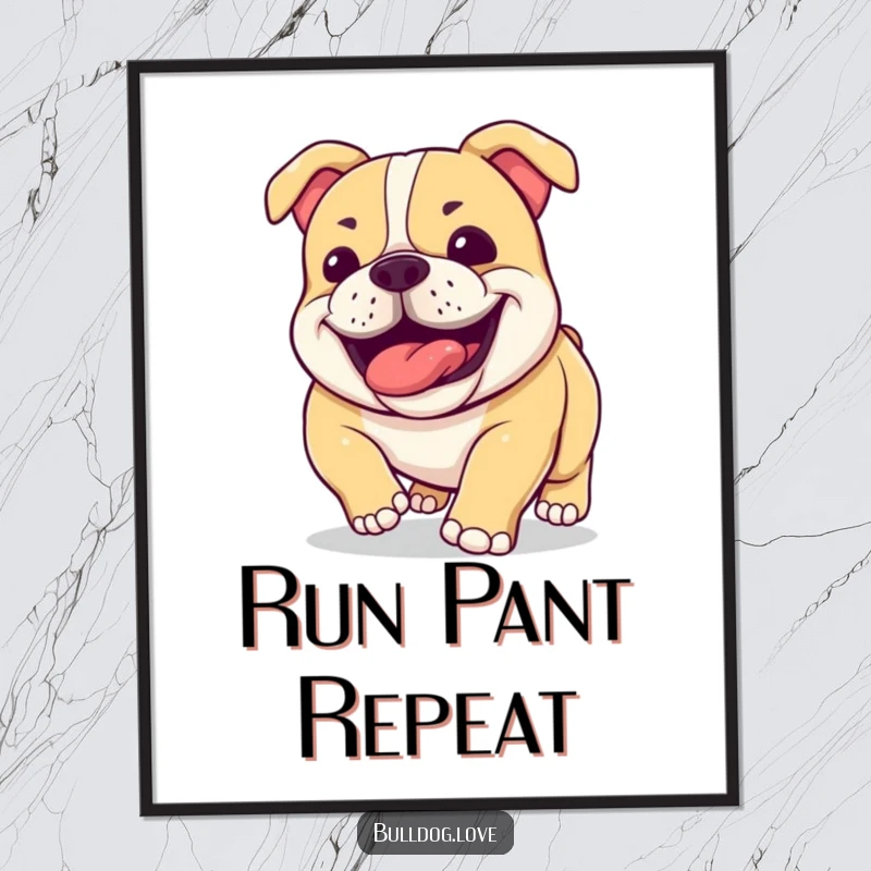 Funny bulldog digital art print of a happy dog with large jowls panting contentedly after a run, for vibrant decor.