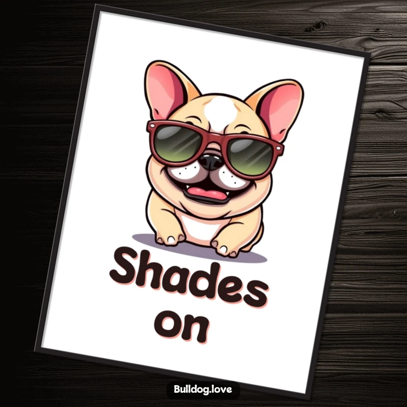 Funny Bulldog Digital Art: A giggling bulldog with floppy ears wears oversized sunglasses, radiating hilarious coolness.