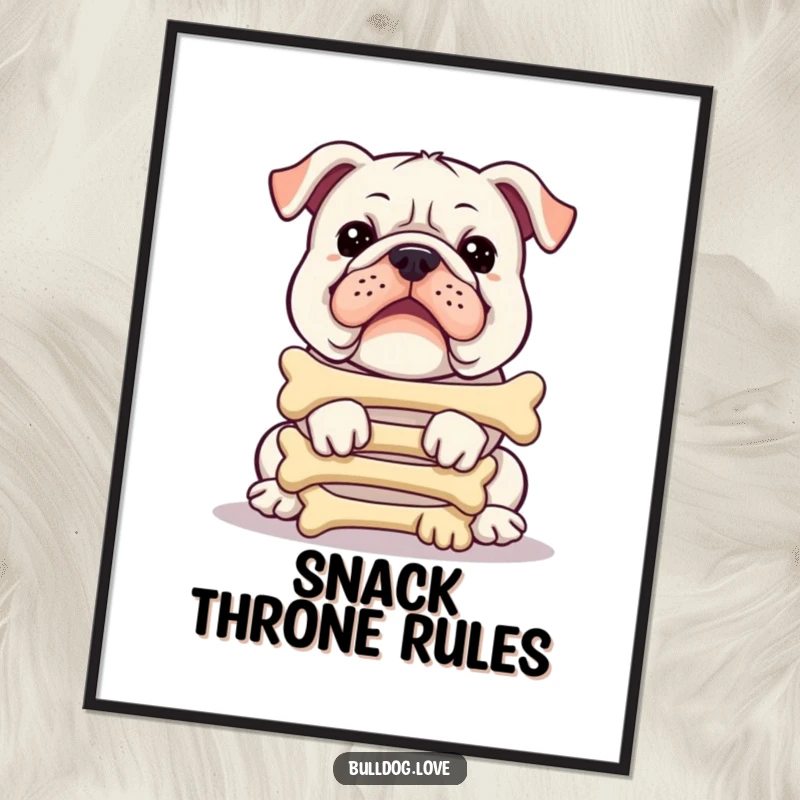 Funny digital art print, bulldog balancing a comical stack of bones, high-resolution, perfect for framing and display.