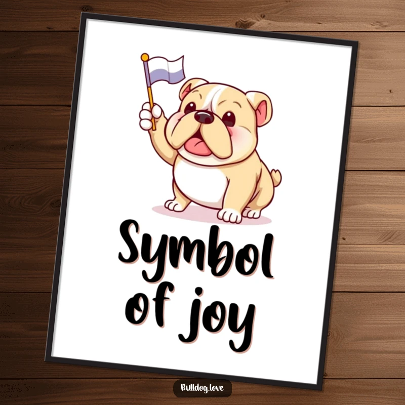 Funny bulldog digital art print of an enthusiastic dog waving a flag, a symbol of joy and celebration.
