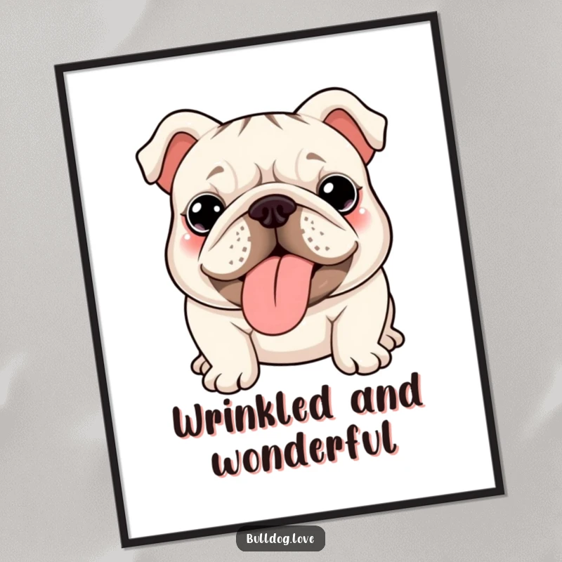 Funny kawaii bulldog digital art print, printable wall decor, featuring a wrinkly dog tongue out.