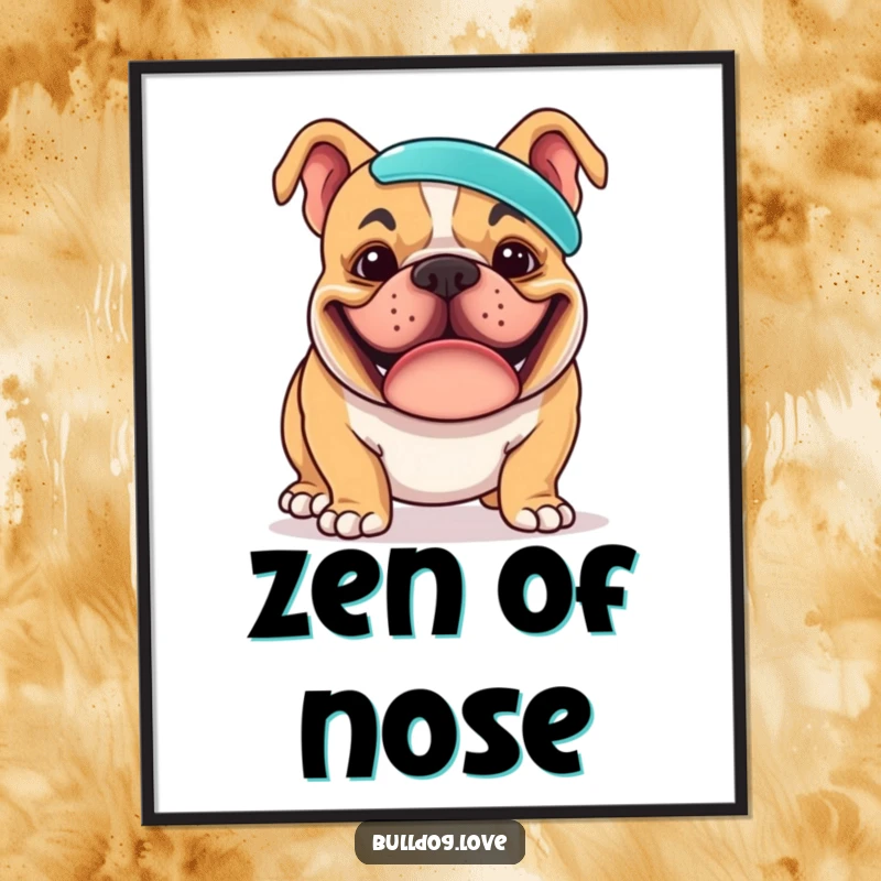 Funny digital art print of a grinning bulldog with intense focus, balancing a frisbee on its nose, ready for instant download and display.