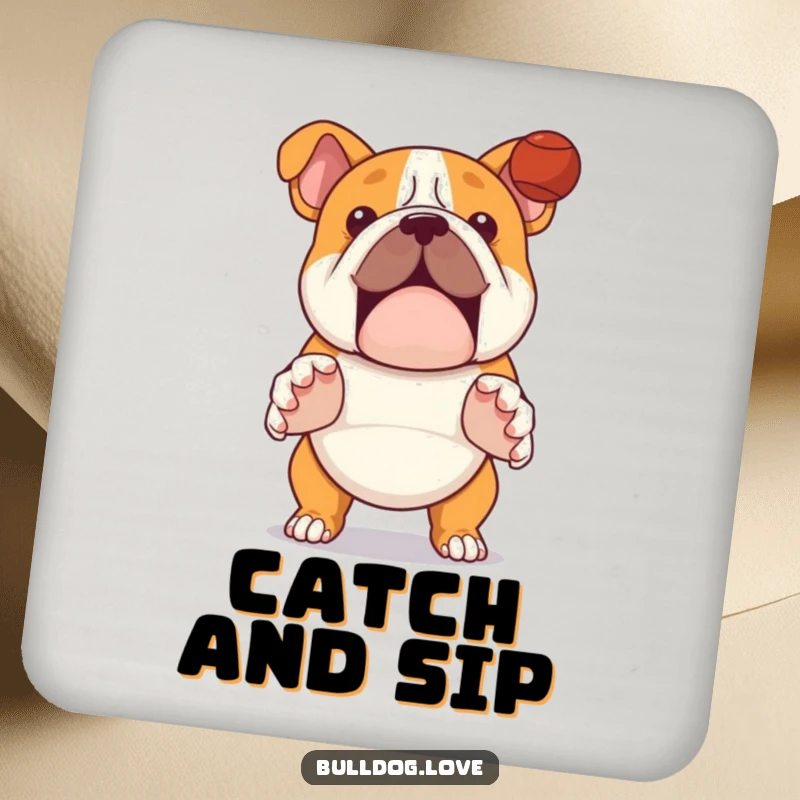 Funny bulldog drink coasters, protect furniture, featuring a dog with paws outstretched, ready to catch a ball.