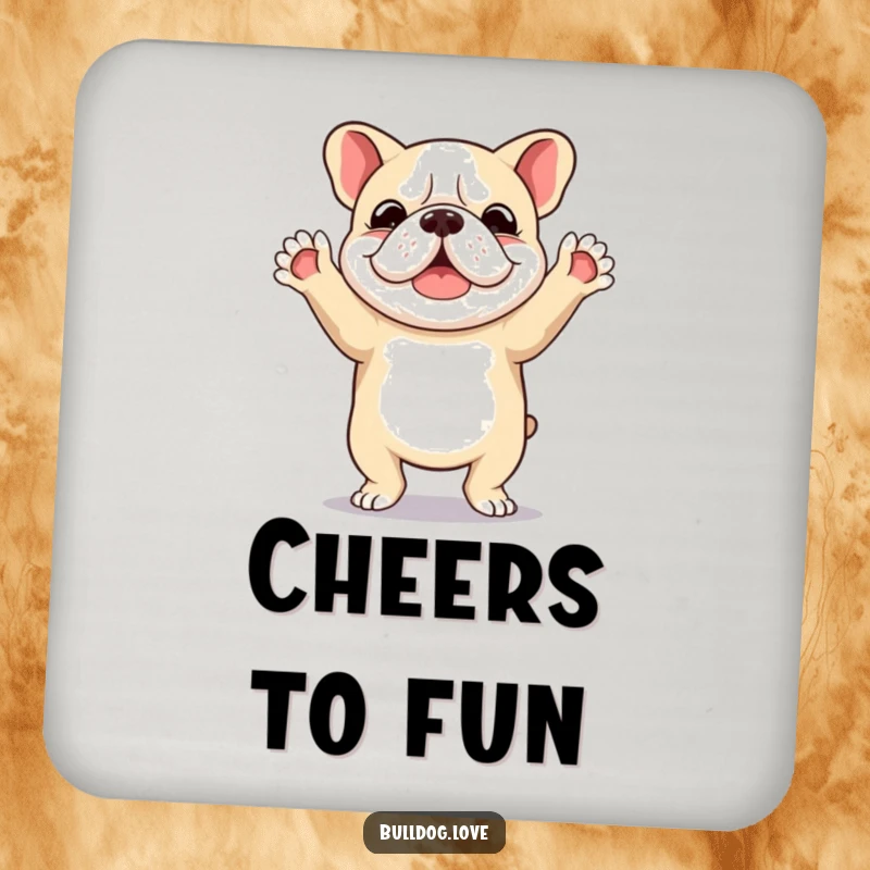 Funny coaster depicting a joyful bulldog performing a happy dance with its paws raised high in the air.