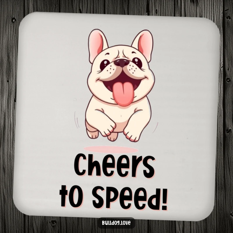 Funny Kawaii Bulldog Drink Coaster featuring a dog running with its tongue out, providing protection with a humorous and energetic design.