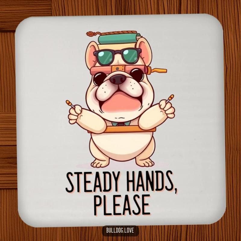 Funny bulldog precariously balancing stacked items, featured on drink coasters, adding humorous challenge to your table setting.