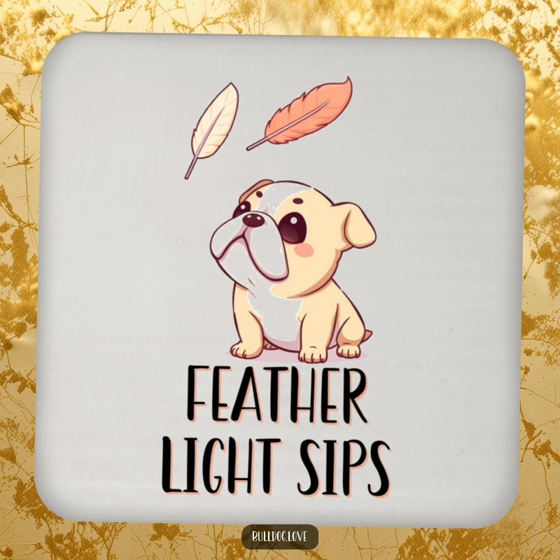 Funny bulldog coaster, looking up adoringly at a floating feather, radiating serene wonder, protects surfaces.