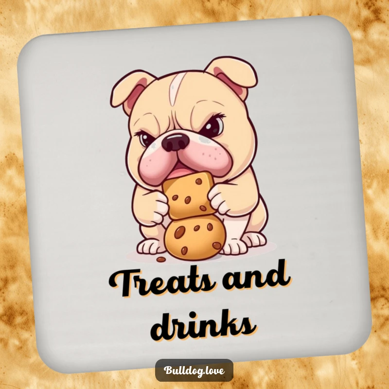 Funny bulldog coaster showing a determined dog concentrating on balancing a treat on its nose, for humorous table protection.