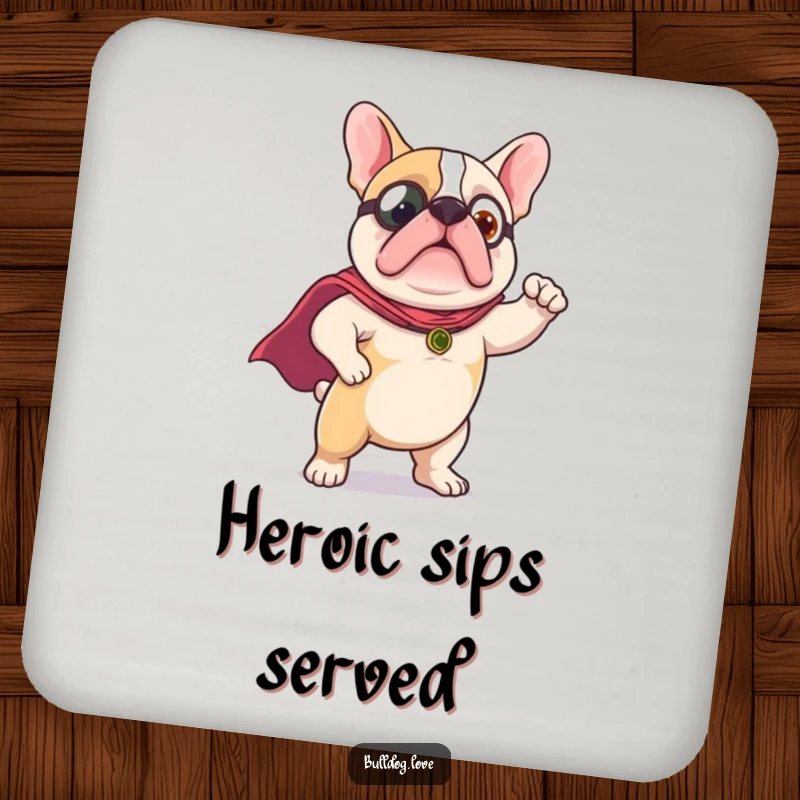 Funny Drink Coaster featuring a cute bulldog wearing a tiny cape and striking a heroic pose.