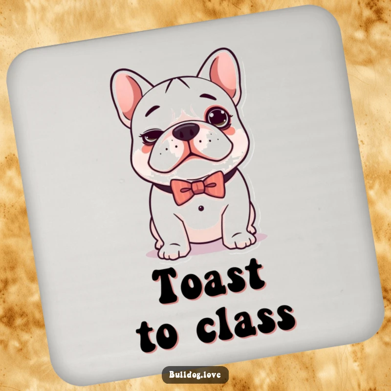 Funny coaster depicting a cute kawaii bulldog with a silly expression and a dapper bow tie, protecting your surfaces.