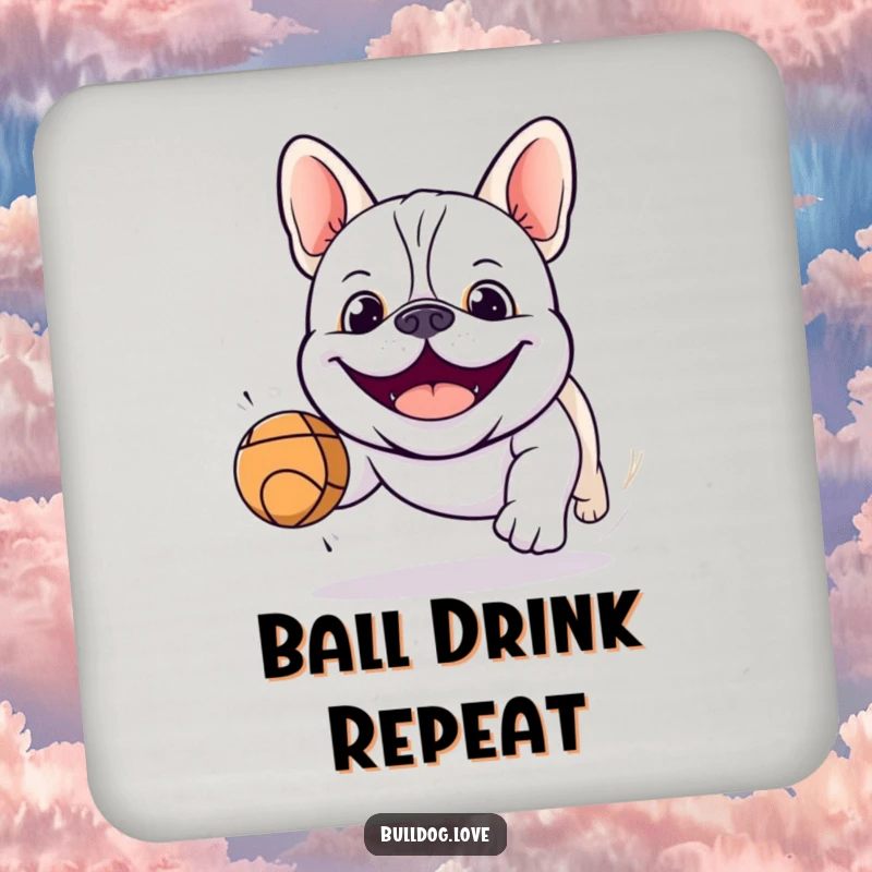 Funny kawaii bulldog coaster showing a smiling dog in pursuit of a bouncing ball, adding playful charm to tabletops.