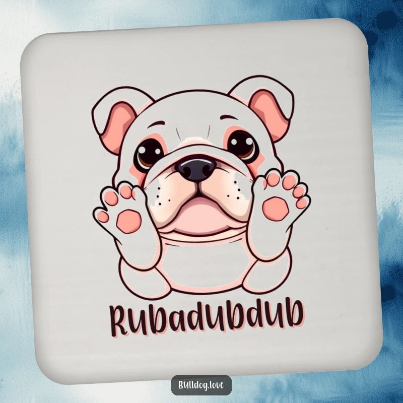 Funny Kawaii Bulldog Drink Coaster featuring a dog with paws up, adorably asking for a belly rub, protecting surfaces with charm.