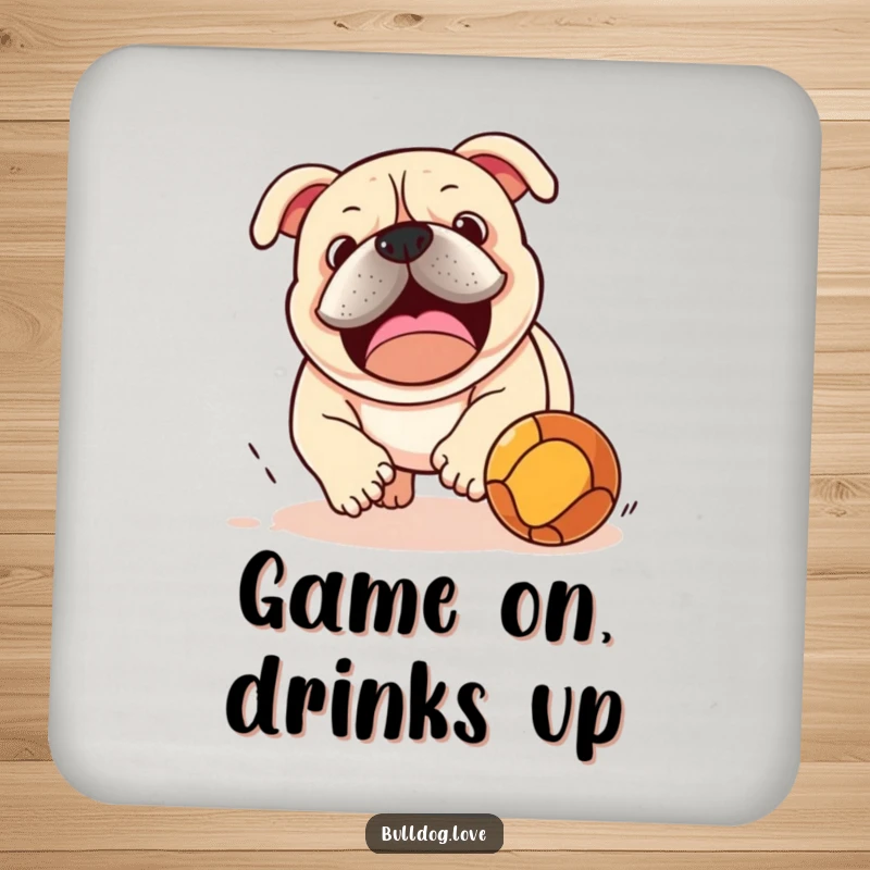 Funny bulldog in pursuit of a bouncing ball, featured on drink coasters, adding playful humor to your table setting.