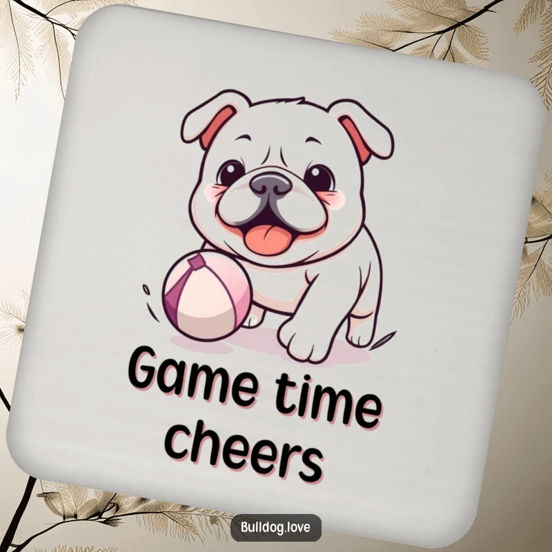 Funny Kawaii Bulldog Drink Coaster featuring a dog chasing a bouncing ball, protecting surfaces with playful and humorous design.