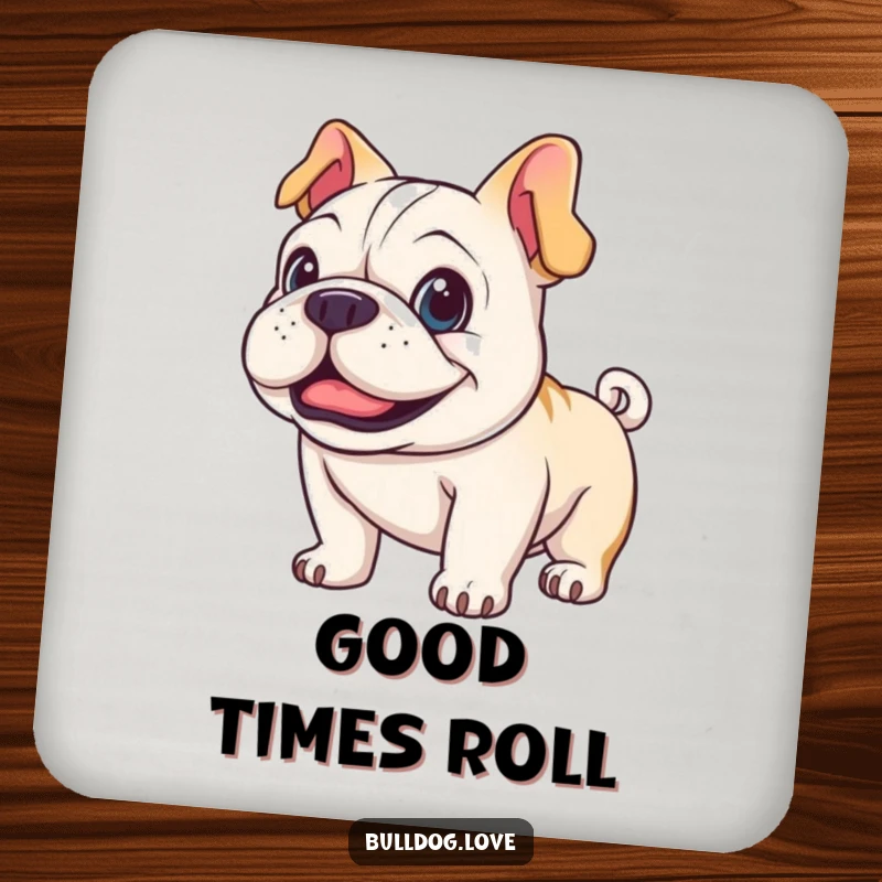 Funny happy bulldog drink coasters, protect furniture, featuring a dog with bright eyes and wagging tail.