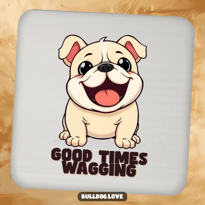 Funny Kawaii Bulldog Coasters featuring a dog with a furiously wagging tail, protecting tables with energetic charm.