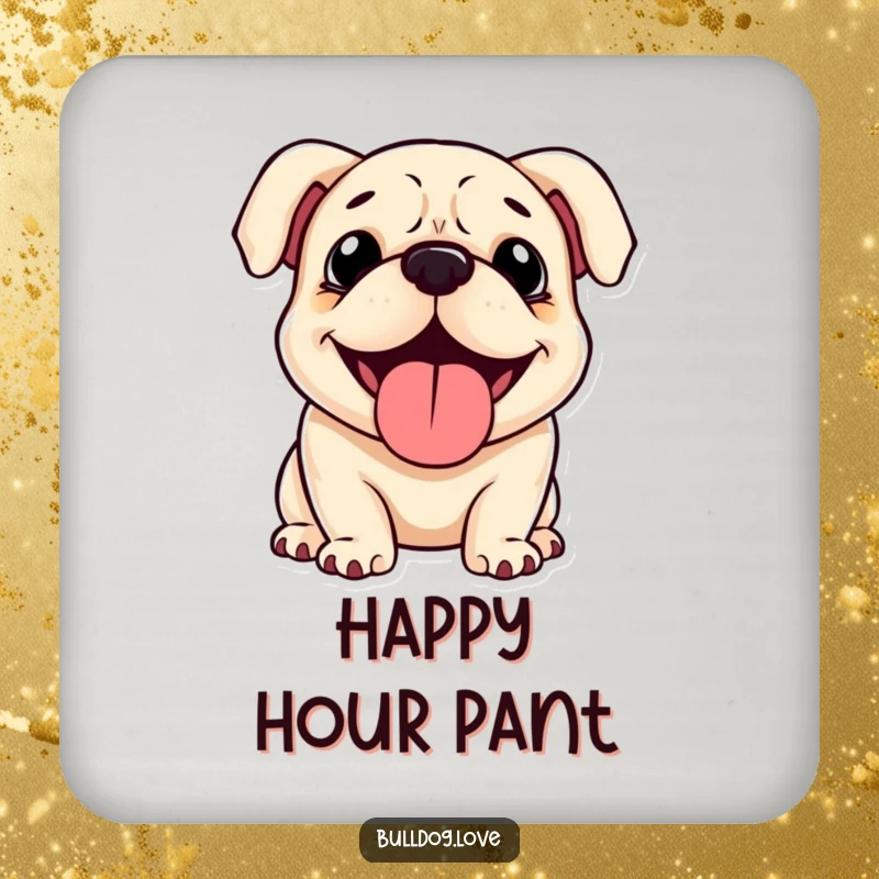 Funny Bulldog Coasters: Set of 4 featuring a happy bulldog with floppy ears, panting contentedly. Fun and funny gift.