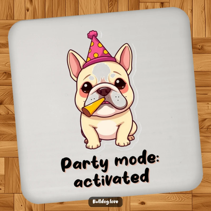 Funny bulldog in a party hat blowing a party horn, featured on drink coasters, adding humor to your table setting.