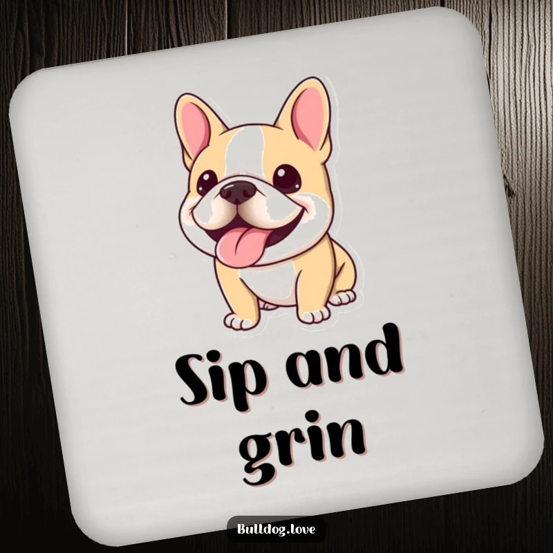 Funny Kawaii Bulldog Coasters featuring a dog with a big, happy panting smile, adding joy to table settings.