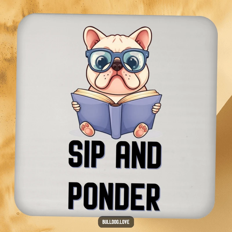 Funny bulldog coaster showing a bulldog in oversized glasses reading a large book, offering protection with scholarly humor.