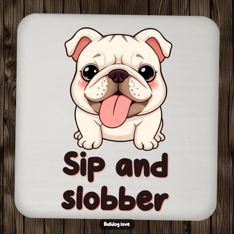 Funny kawaii bulldog drink coasters, protect surfaces, featuring a wrinkly dog with its tongue out.