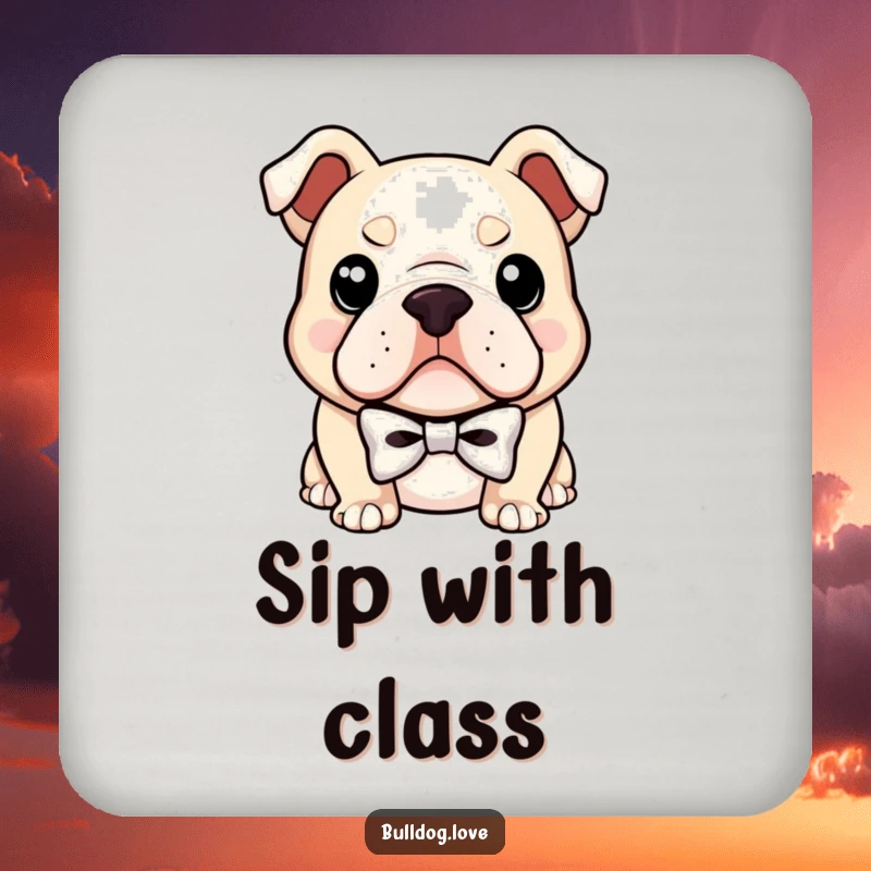 Funny coaster featuring a bulldog wearing a small bowtie and a confident smirk, a stylish addition to protect surfaces.