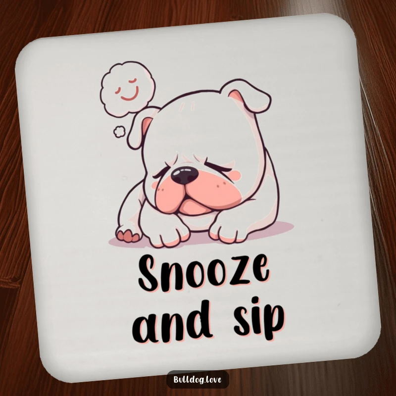 Funny coaster set featuring a sleepy bulldog softly snoring with a happy dream bubble, offering humorous protection for drink surfaces.