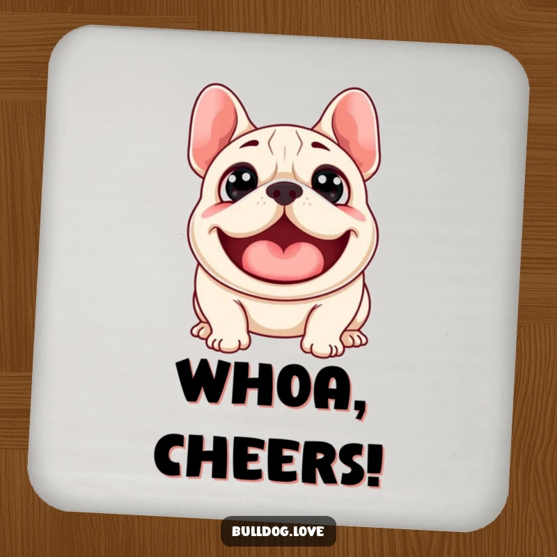 Funny coaster set featuring a surprised bulldog with wide eyes, mid-woof, offering humorous protection for drink surfaces.