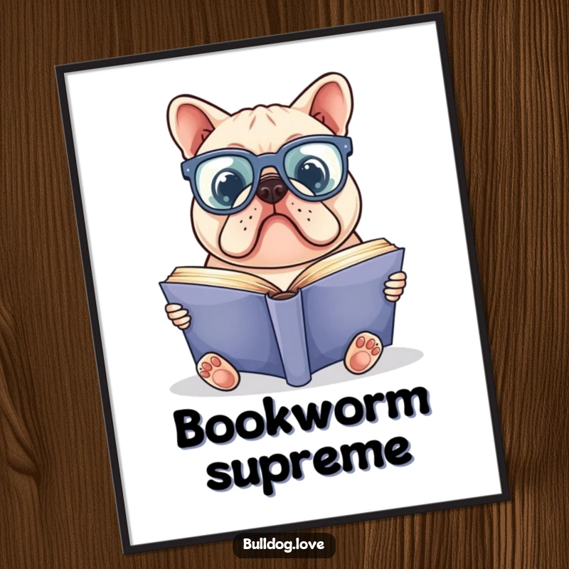 Funny bulldog poster depicting a bulldog with oversized glasses engrossed in reading a large book, a humorous piece for book lovers.