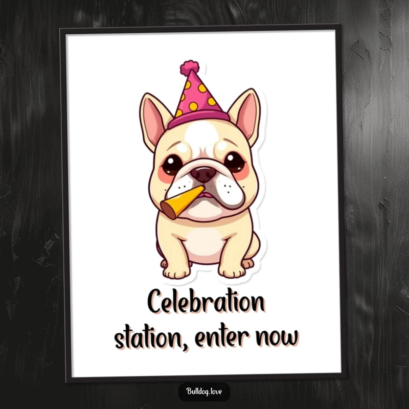 Funny bulldog wearing a party hat, blowing a party horn with glee, printed on a poster for festive and humorous wall decoration.