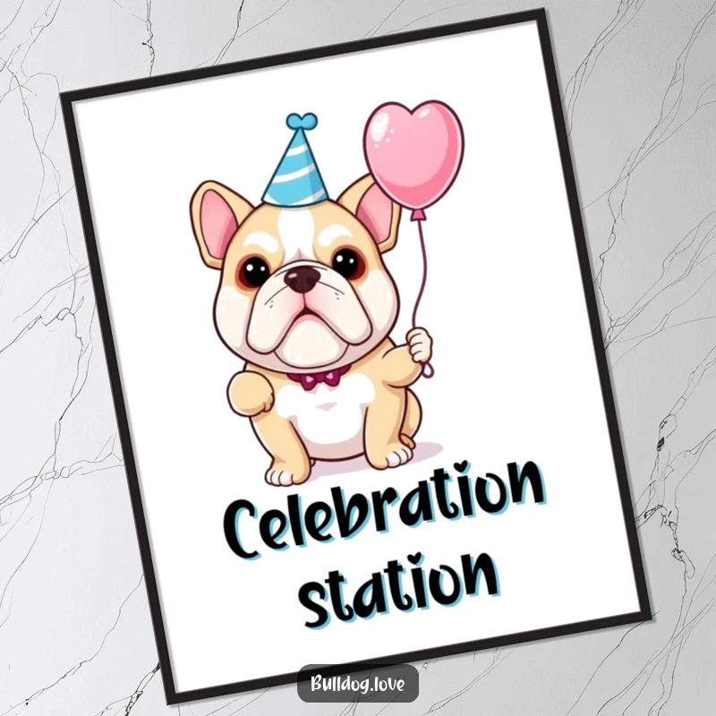 Funny bulldog party poster showing a dog wearing a party hat and happily holding a single, colorful balloon.
