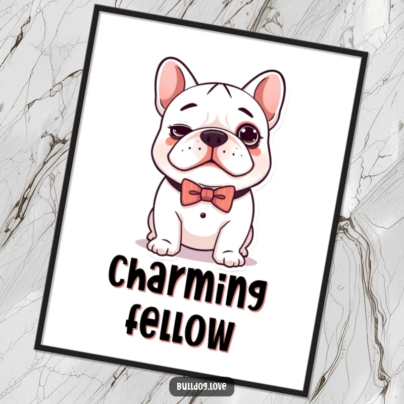 Funny poster featuring a super cute kawaii bulldog with a silly expression and a smart bow tie, perfect wall art.