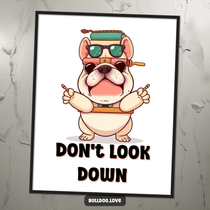 Funny bulldog attempting a precarious balance of stacked items, printed on a poster, conveying humorous effort and determination.