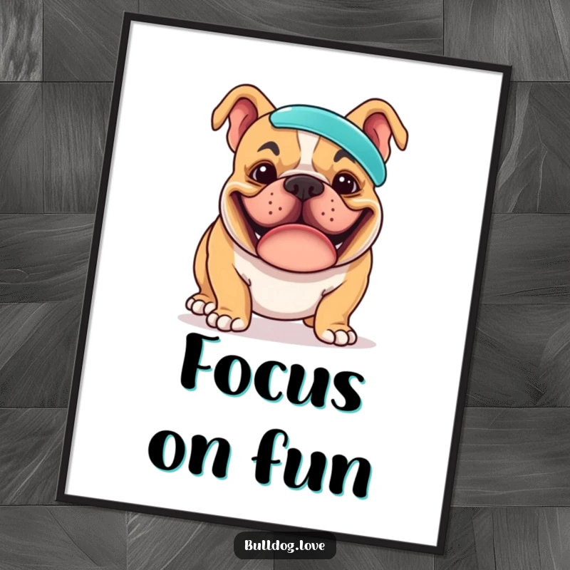 Funny poster illustration of a grinning bulldog with intense focus, attempting to balance a frisbee perfectly on its nose, a comical display of skill.