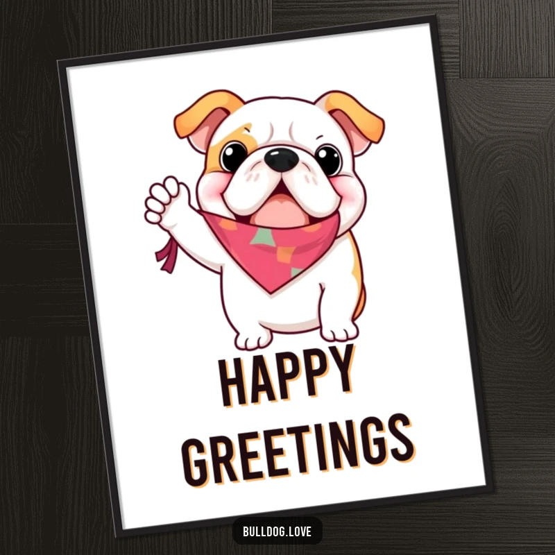 Funny bulldog poster art, waving a small, colorful bandana with immense enthusiasm, radiating pure joy and friendship.